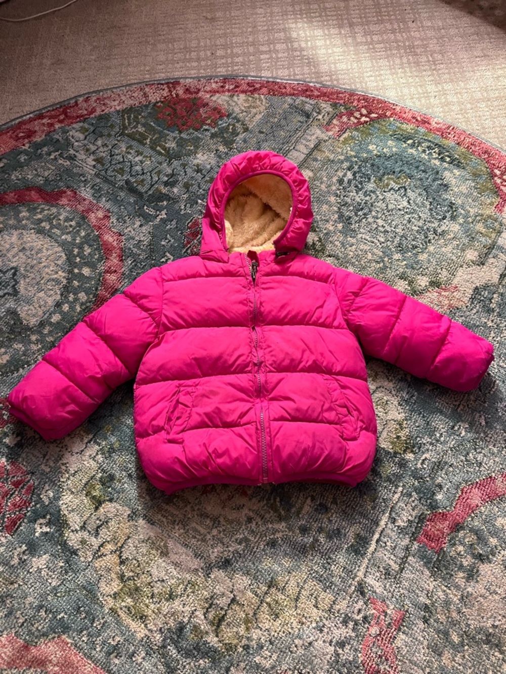 Kids Puffy Hooded Jacket - Bright Pink